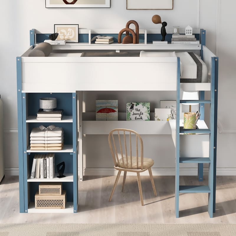 Full Size Wooden Loft Bed Frame with Built-in Storage Shelves, Open Cabinets, Clothes Rails and L-shape Desk
