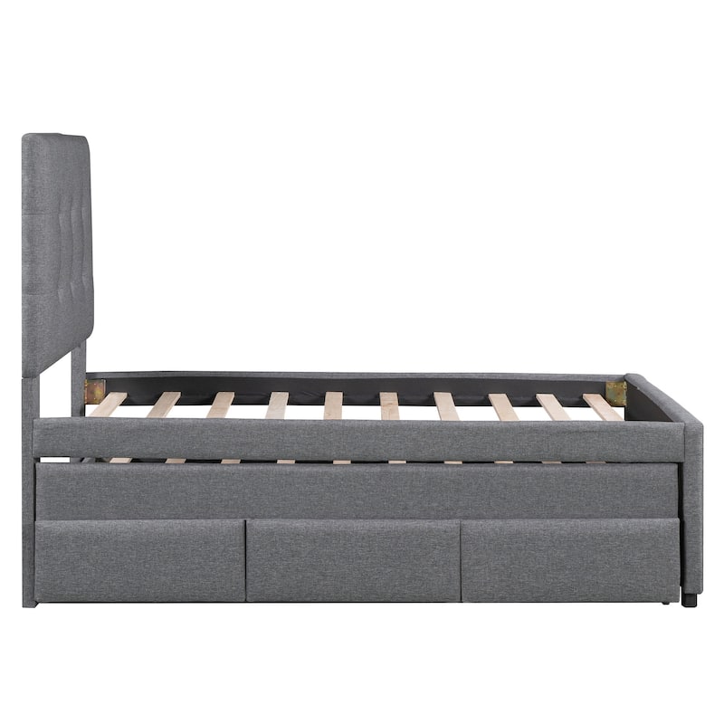 Twin Size Upholstered Platform Bed with Pull-out Twin Size Trundle and 3 Drawers, Gray - N/A