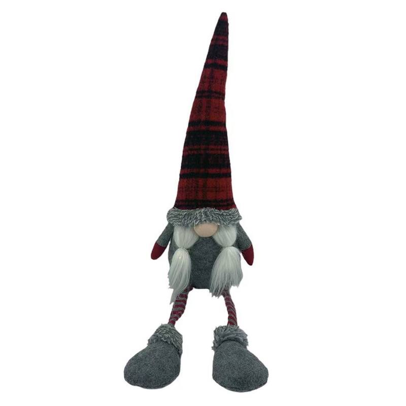 Plaided Fabric Girl Gnome Christmas Figurine - 24" - Red and Gray