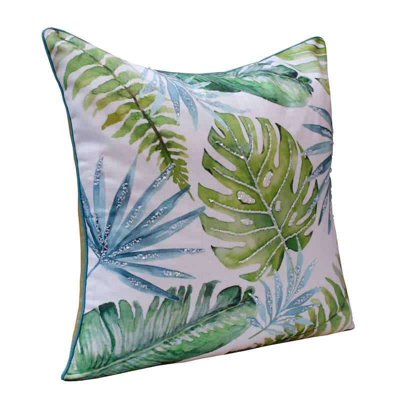 Sevita Hand-Woven Green/Blue Tropical Leaves Polyester Throw Pillow, 20" x 20"