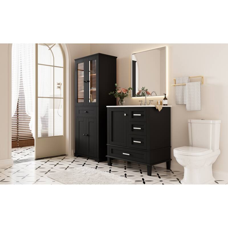 GDFStudio - Fernwell Multifunctional 2-Piece Bathroom Storage Set with Integrated Ceramic Sink Vanity & Tall Cabinet