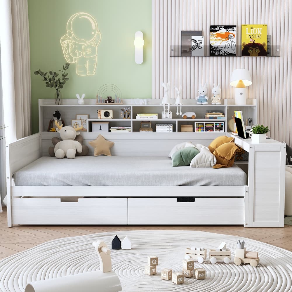 Wood Twin/Full Size Daybed with Storage Shelves, Two Storage Drawers and Study Desk