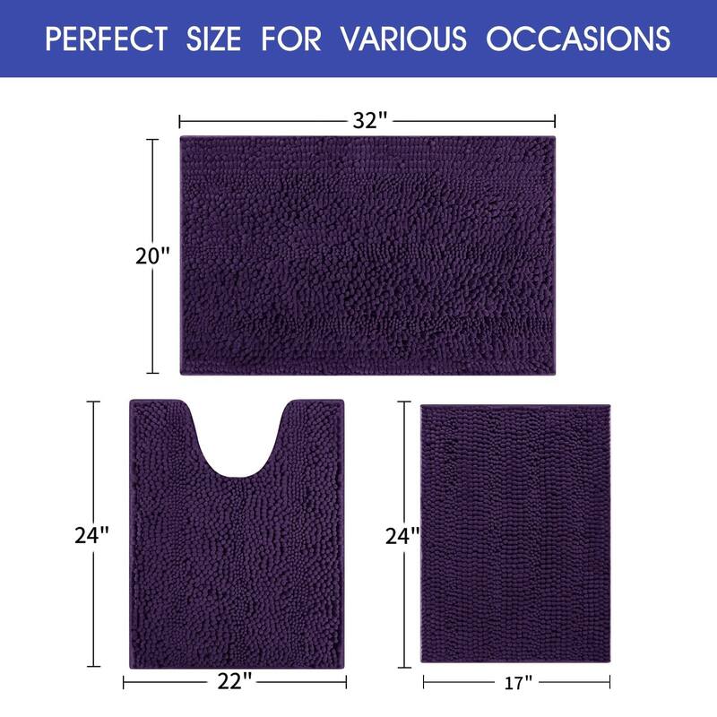 Ultra Soft Striped Non Slip Chenille Bathroom Rug Set 3 Pieces