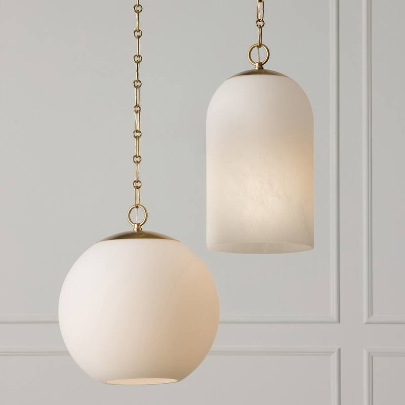 9" W x 18" H 1-Light Capsule Pendant in Matte Brass with Faux Alabaster Glass and Alternating Loop Designer Chain