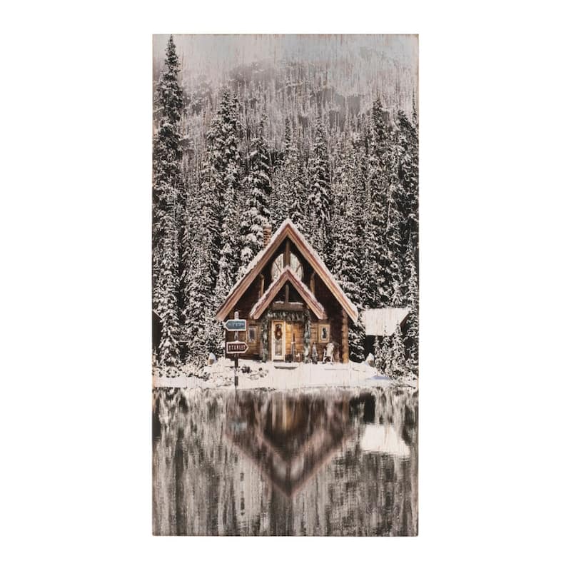 HomeRoots 18" X 10" Brown And White Wood Winter Lodge On The Lake Hanging Wall Decor