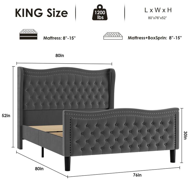 Wingback Platform Bed King Size Velvet Upholstered Bed with Nailhead Trim and Tufted Headboard Footboard, Wood Slats Support