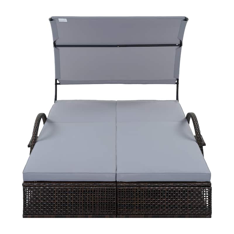 Outdoor Steel Frame Sun Lounger with Adjustable Backrest,Patio Double Sunbed with Hidden Side Table and Arched Armrests