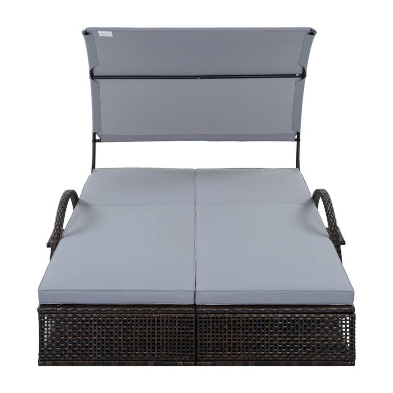 Outdoor Steel Frame Sun Lounger with Adjustable Backrest,Patio Double Sunbed