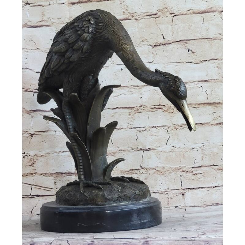 Heron Egret Water Bird Crane Bronze Metal Statue Sculpture Signed Art Marble Base