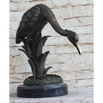 Heron Egret Water Bird Crane Bronze Metal Statue Sculpture Signed Art Marble Base