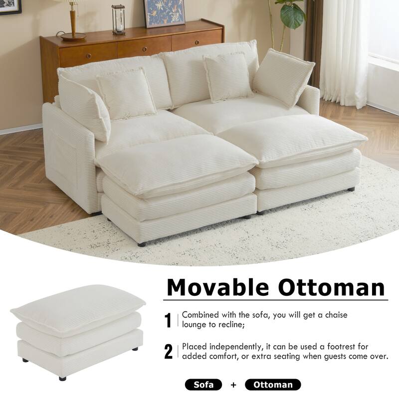 Modern Modular Sectional Sofa with Movable Ottoman and Deep Cushions and Storage Pockets for Small Space Living Room