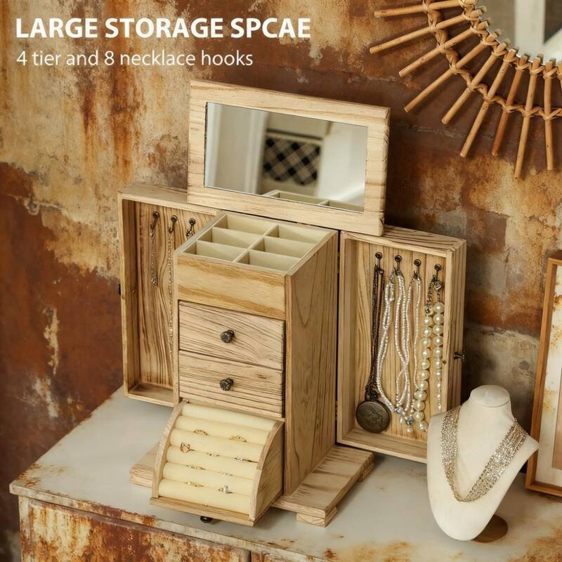 Jewelry Organizer with Mirror and 2 Drawers Wooden Jewelry Box for Rings Earrings Necklaces