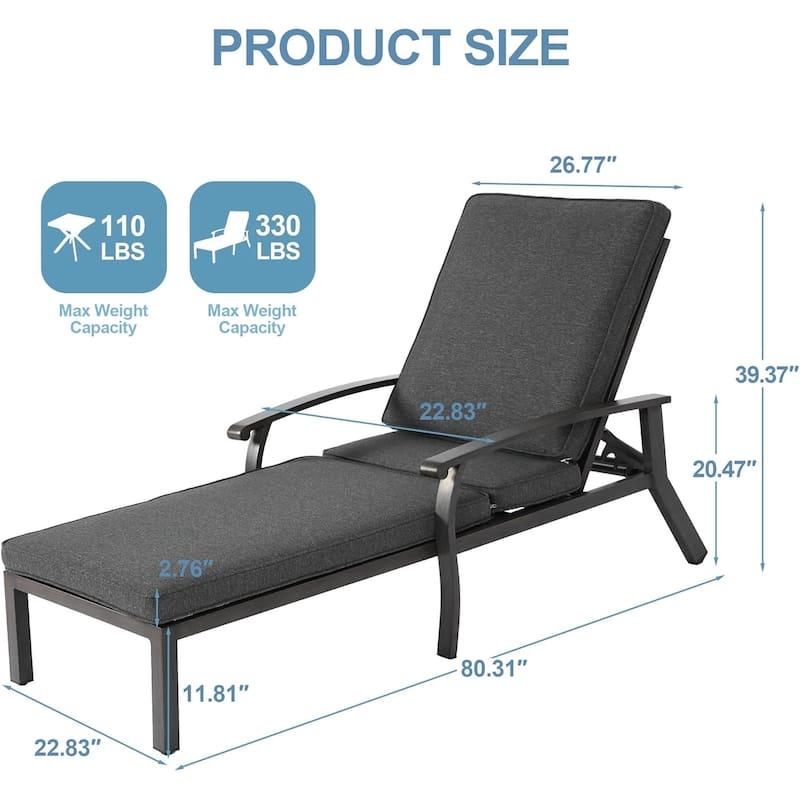 Outdoor Aluminum Reclining 5-Position Adjustable Backrest Chaise Lounge(set of 2) with Cushion