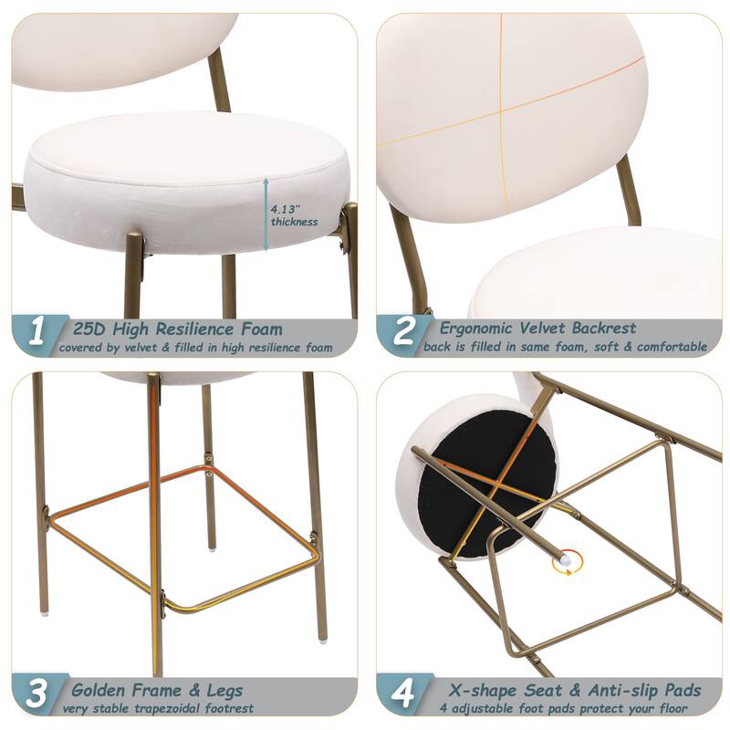Bar Stool Set of 2, Armless Upholstered Dining Chairs with Footrest, Kitchen Counter Chairs with Back and Metal Legs