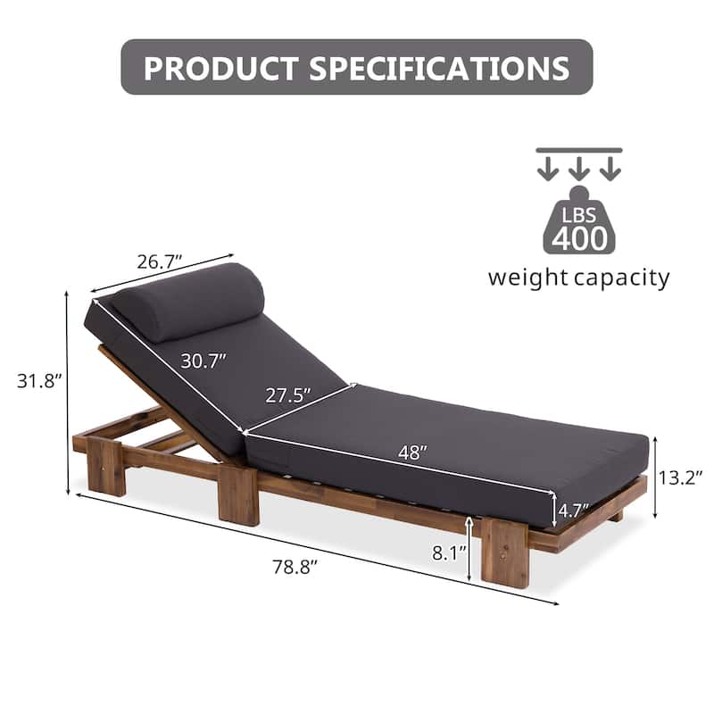 78.8-inch Outdoor Patio Lounge Chair with Adjustable Recliner, Headrest, and Retractable Side Tray