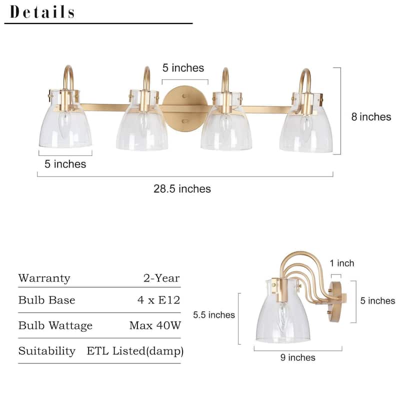 4-Light Mid-Century Modern Linear Gold Bathroom Vanity Light Glass Wall Sconces - 28.5" L x 9" W x 8" H