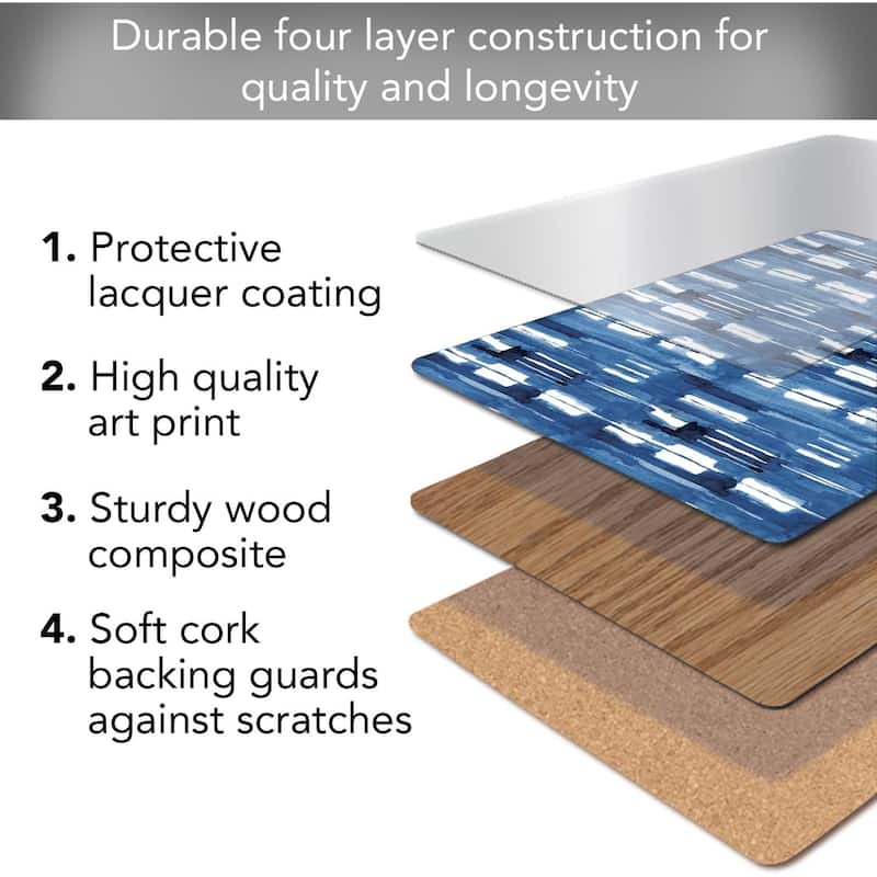 Indigo Block Lines Decorative Hardboard Placemats with Protective Cork Backing 4 Pack Heat Tolerant and Easily Wipes Clean