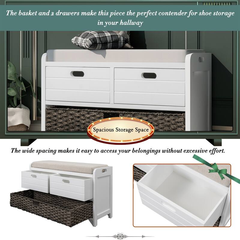 Storage Bench with Removable Basket and 2 Drawers, Removable Cushion