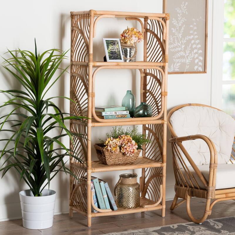 Baara Natural Rattan 4-Tier Display Shelf - Handcrafted Bookcase with Openwork Side Panels, Boho Coastal Design