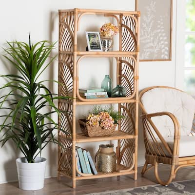 Baara Natural Rattan 4-Tier Display Shelf - Handcrafted Bookcase with Openwork Side Panels, Boho Coastal Design