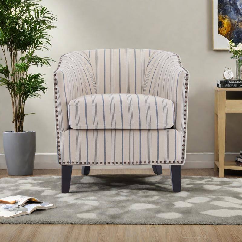 Striped Fabric Barrel Chair with Solid Wood Legs - Beige,Blue Stripe