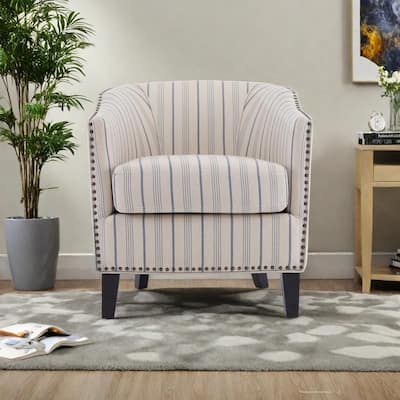 Striped Fabric Barrel Chair with Solid Wood Legs
