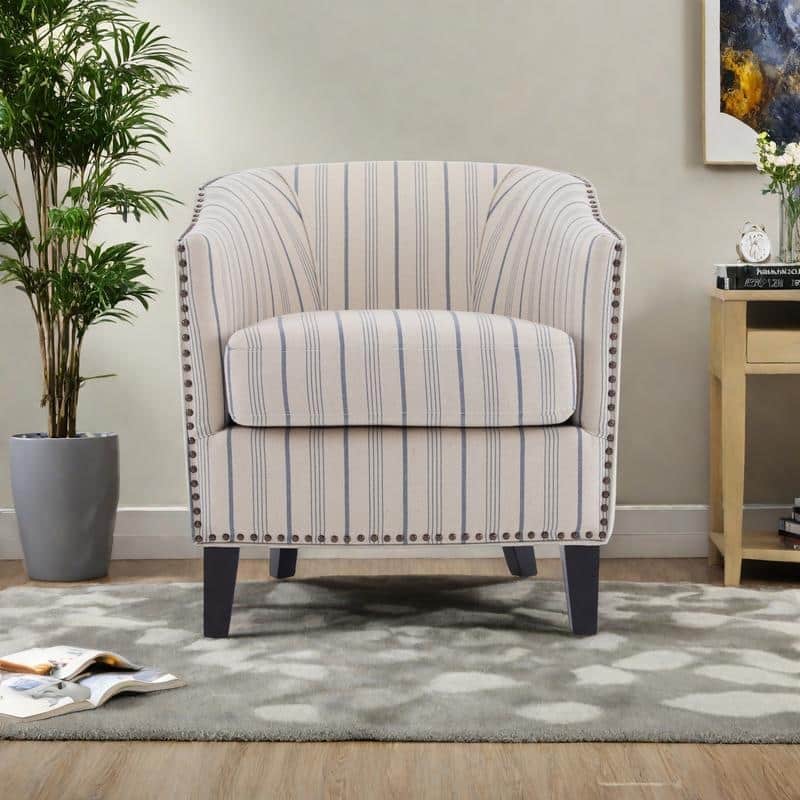 Striped Fabric Barrel Chair with Solid Wood Legs