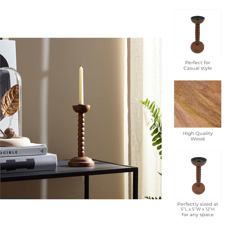 Wood Candle Holder Sculpted Round Base and Turned Detailing Accent