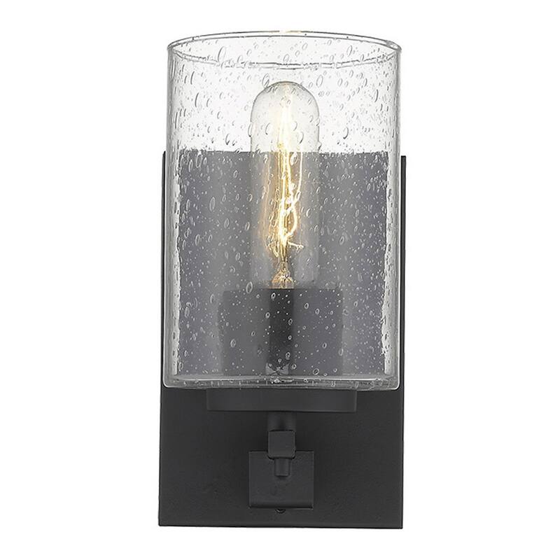 Matte Black Steel Wall Sconce with Seeded Glass Shade Hardwired, LED - 5.75” x 4.5” x 8.75” (D x W x H)