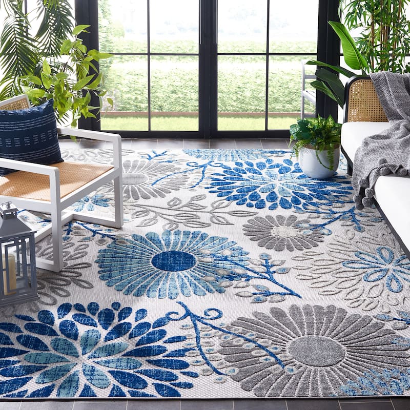 SAFAVIEH Cabana Hillechien Indoor/ Outdoor Waterproof Patio Floral Rug - 9' x 12' - Grey/Blue