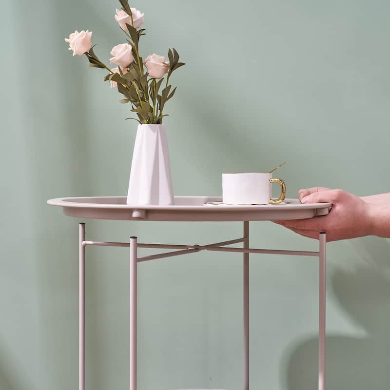 VECELO Small Round Side Table with Removable Tray & Fabric Storage Bin Easy 5-Min Assembly for Living Room Bedroom