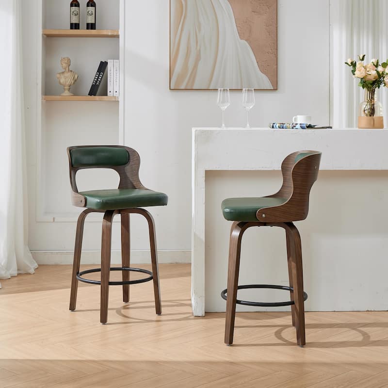 SEYNAR PU Leather 360 Degree Swivel Open Back Bar Stools Wood Legs Set of 2