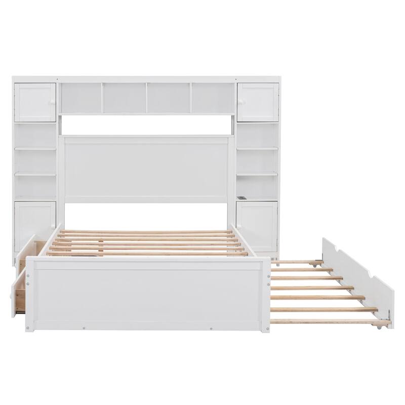 Modern Platform Bed with Integrated Cabinet, Trundle Bed and Drawers