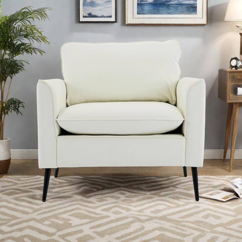 Leather Accent Chair with Cat Paw Design and Nordic Retro Single Sofa - Cream White