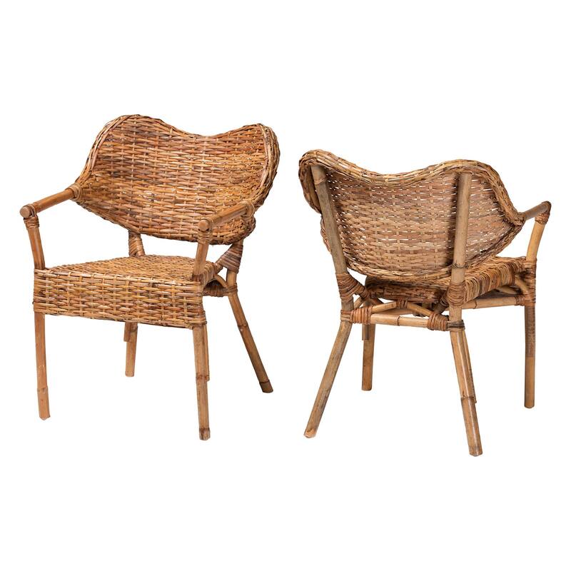 Tara Natural Rattan Dining Chair - Handwoven Wicker Armchair with Curved Backrest, Boho Coastal Seating - Natural Brown
