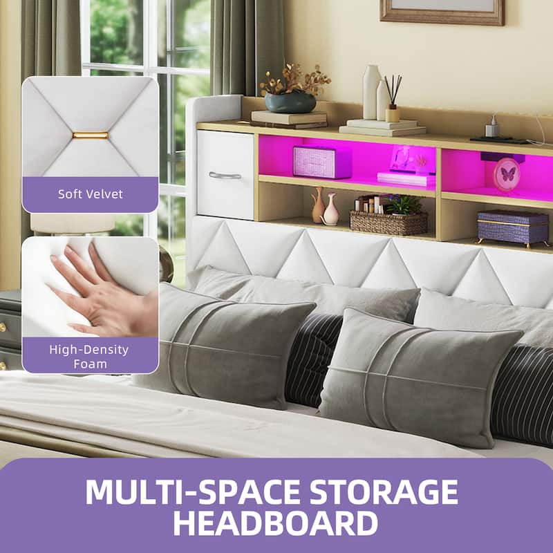 Farmhouse Bed Frame Upholstered Headboard Platform Bed with Charging Station