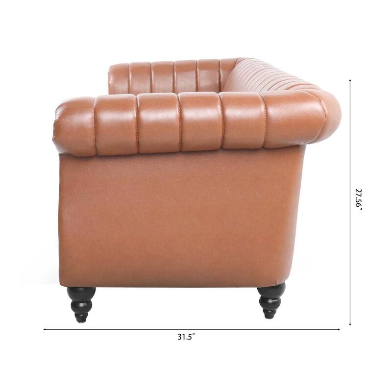 Chesterfield Sofa 83.46" with PU Leather, Quilted Backrest, Birch Legs