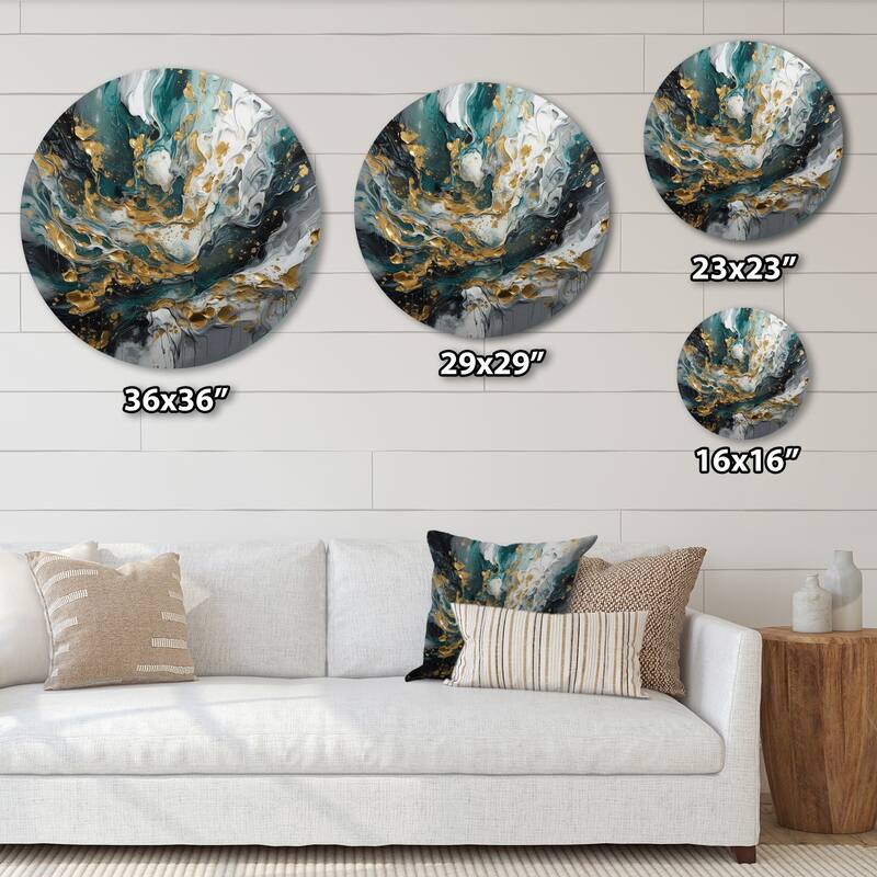 Designart "Gold Teal Ink On Stone" Abstract Metal Circle Wall Decor