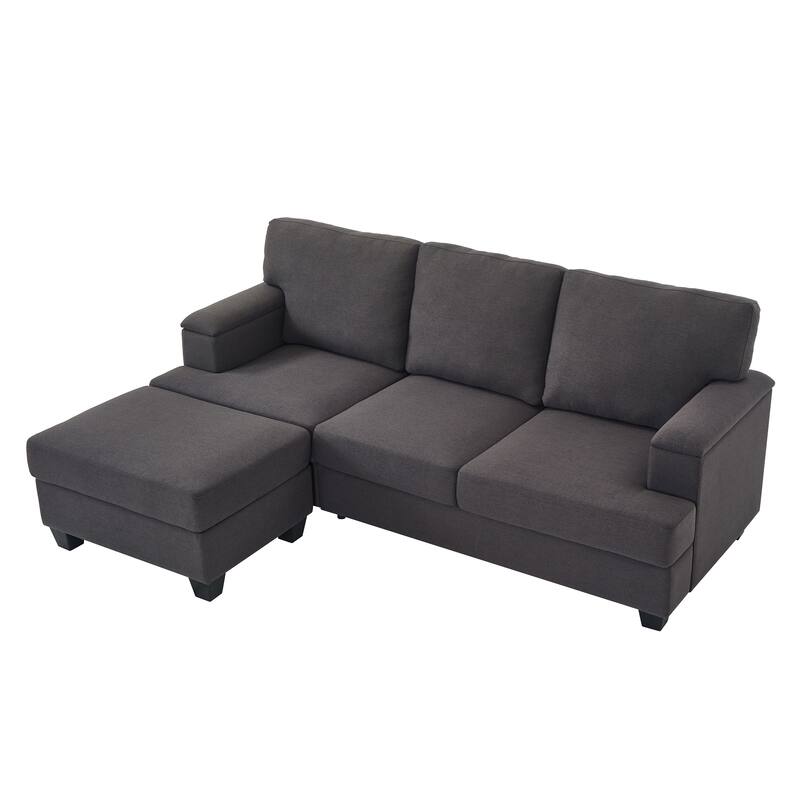 L Shaped 3 Seats Sofa with Armrest Organizer, Linen Sectional Sofa with Movable Ottoman, Comfy Upholstered 3 Seater Couch,