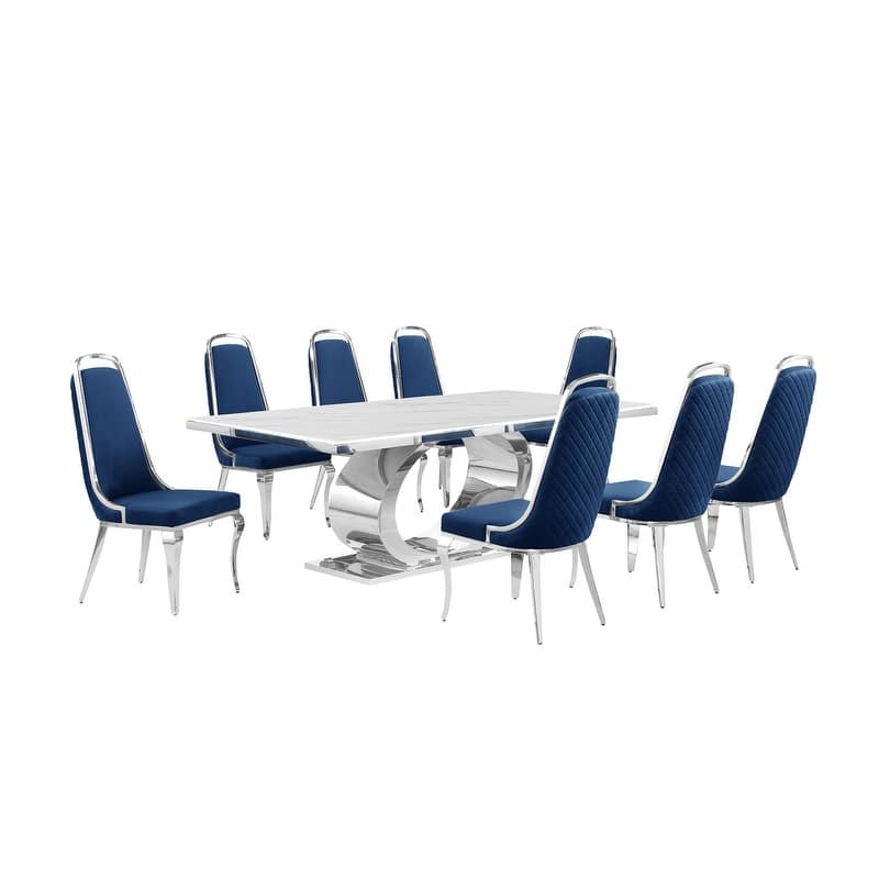 Best Quality Furniture D432/3-SC310-7 Dining Set with 87" White Marble Top