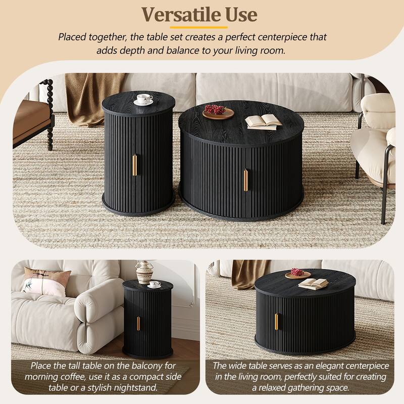 Nesting Coffee Table Set of 2, Modern Storage Coffee Table, Round Tea Table and End Table Set with Sliding Tambour Door