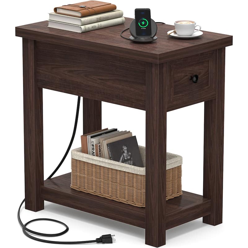 Farmhouse End Table with Wood Drawers and Charging Station, Sofa Side Table, Nightstand - Walnut - Set of 1