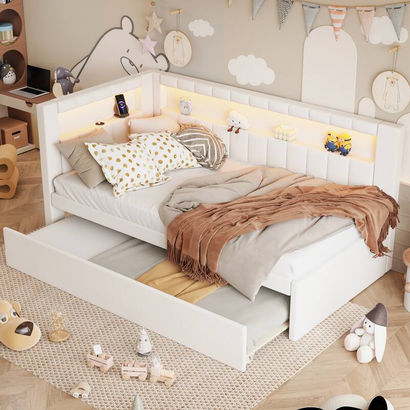 Twin Size Upholstered Platform Bed w/ USB Ports & LED Belt w/ Trundle, White