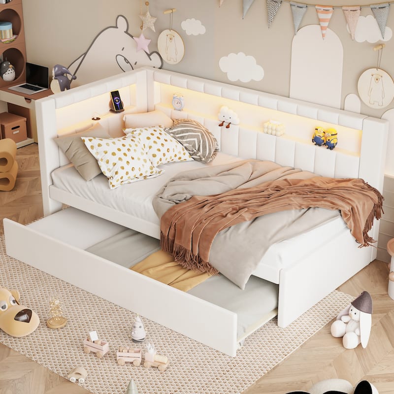 Twin Size Upholstered Platform Bed with USB Ports, LED Lighting, and Trundle, White