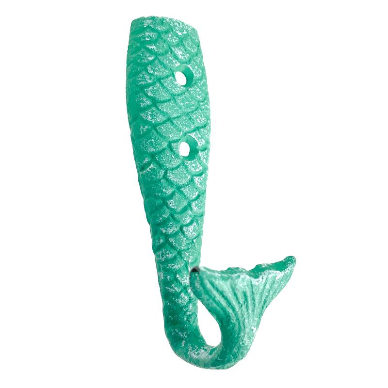 Set Of 8 Cast Iron Mermaid Tail Wall Hooks Green Nautical Coastal - 5 X 1.5 X 1.5 inches