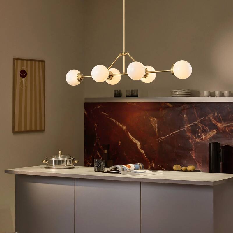 6-Light Dimmable Modern Metal & Glass Pendant Light with Adjustable Rods for Dining Room