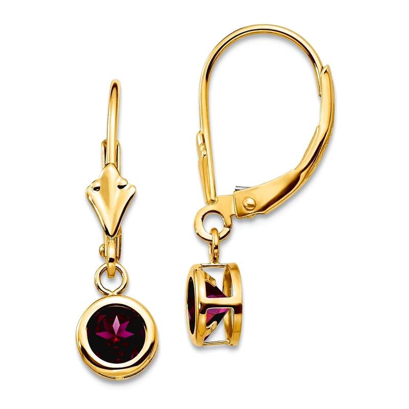 Curata 14k Yellow Gold Bezel 5mm Round Gemstone Leverback Earrings - 24x6mm - Rhodolite Garnet