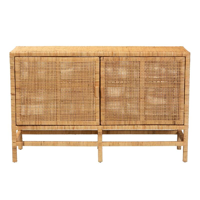 Vivan Modern Bohemian Natural Brown Rattan and Mahogany Wood Storage Cabinet