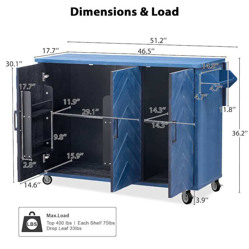 51.2"W Rolling Kitchen Island with Drop Leaf, Internal Storage Rack