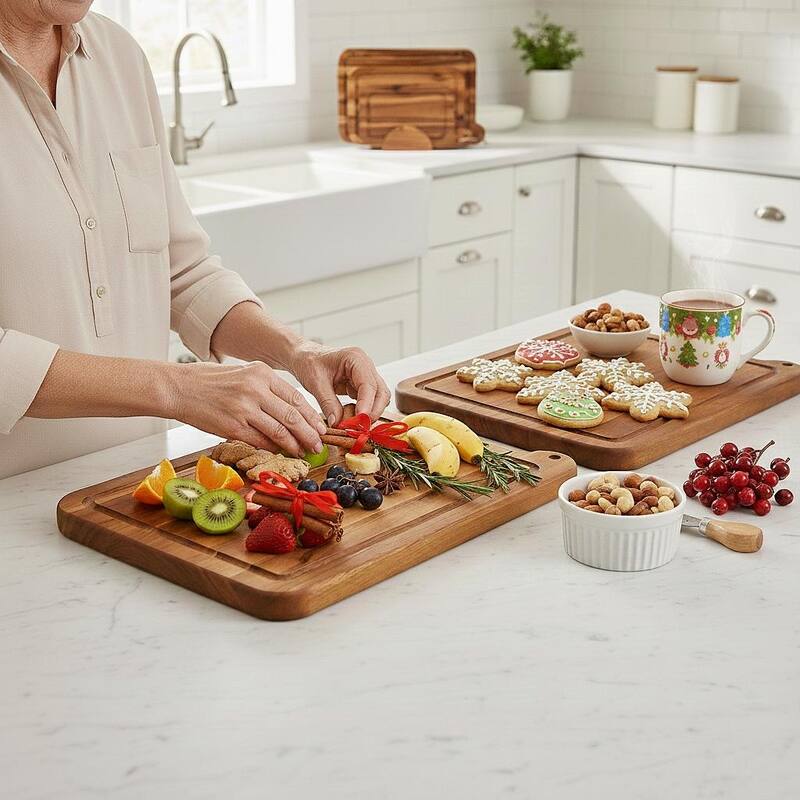 Premium Acacia Wood Cutting Board Set of 3 with Display Stand - Brown